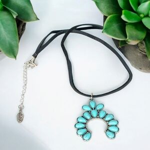 Blue and Silver Crescent Naja Medallion Leather Cord Necklace Cowboy Cowgirl